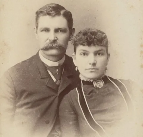 A young couple, c.1880s. The woman is wearing a locket with the man's portrait in it.