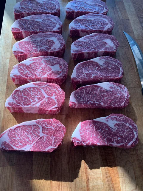 The marbleization on these prime ribeye steaks this morning.