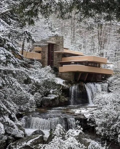 Fallingwater under snow, designed by Frank Lloyd Wright in 1935.
