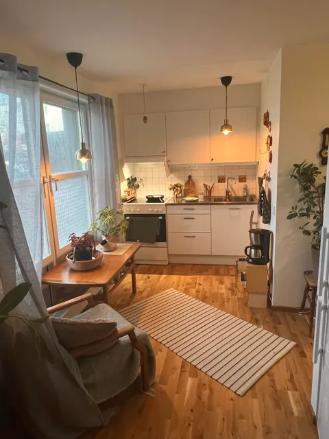 Kitchen-area in my student apartment. Basically everything thrifted, dirt cheap.