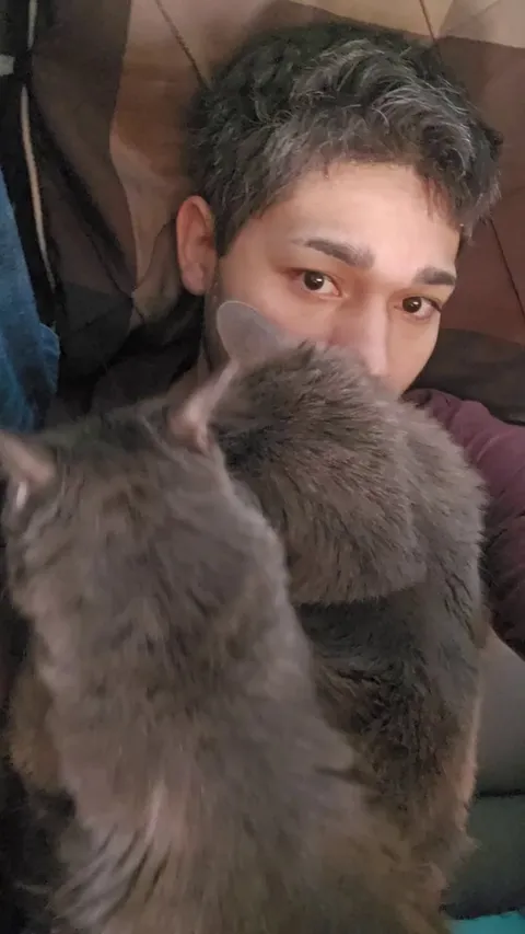 Big guy enjoys laying on me, little cat wants to join