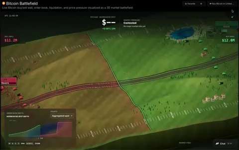 Bitcoin visualized as a 3d battlefield where real time order books, liquidations, and whale trades dictate the action