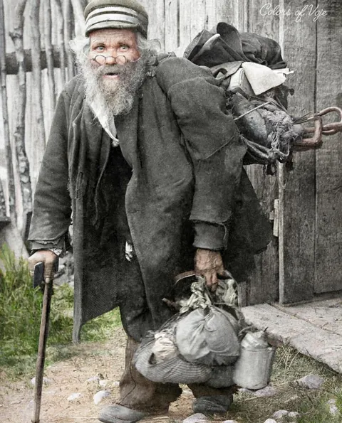Nomadic storyteller carrying his belongings circa (1897)