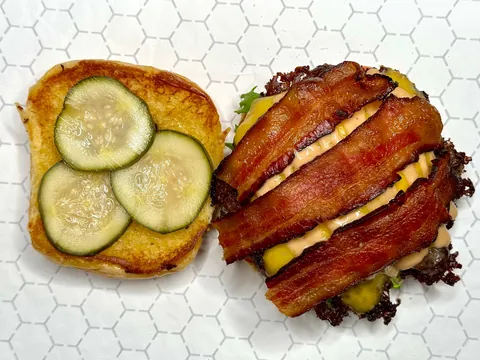 Bacon double smash burger with [homemade] mustard pickles