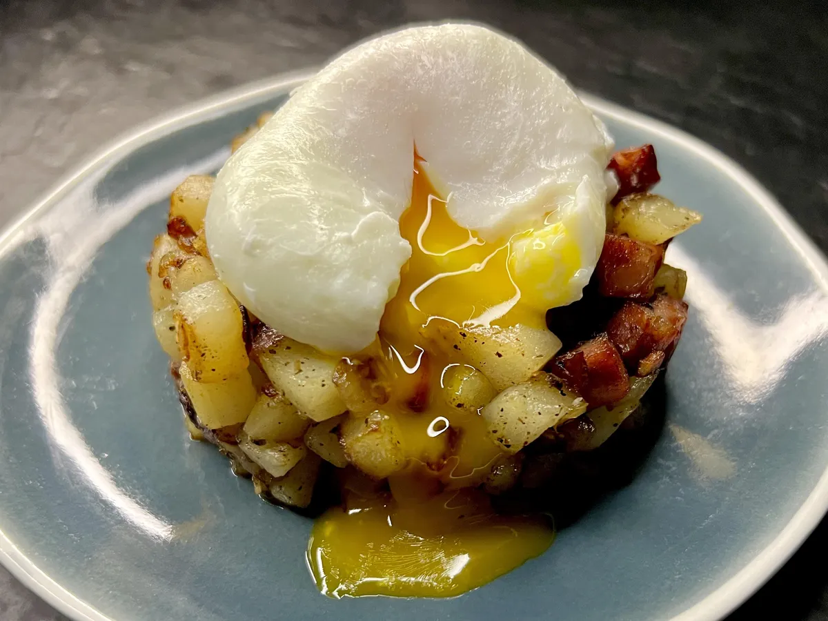 Poached egg over Corned Beef Hash