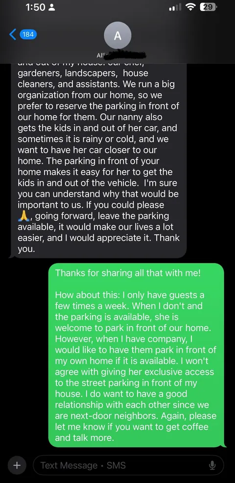 My neighbor was upset I wouldn't give her nanny exclusivity over the parking in front of my home, so she reported my fence to the city. These are the super cringey messages she sent me.