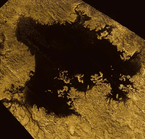 A radar image of Ligeia Mare, a lake of liquid methane on Titan.