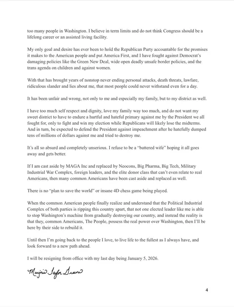 Marjorie Taylor Greene has announced her resignation from Congress, taking effect from January 5th.