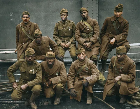 Harlem Hellfighters back from WWI, wearing the Cross of War medals, 1919.