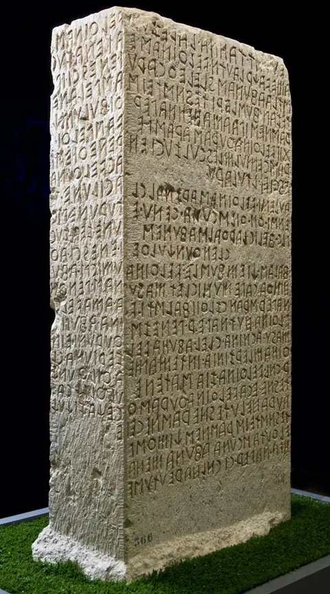 A stone tablet bearing 46 lines of incised Etruscan text. A language isolate unrelated to any modern European language family from which the roman developed their alphabet. It is thought to be a remnant of the indigenous languages of Europe from before the great steppe migrations.
