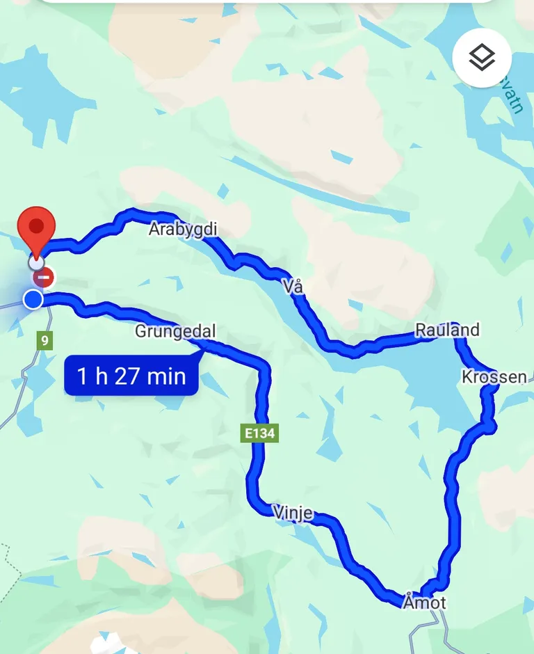 Closed road. Should be a 10 minute drive