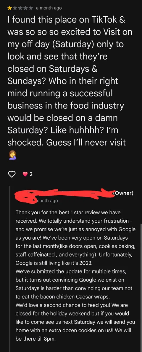 Posting a one star review because Google refuses to update the business hours after years of requesting