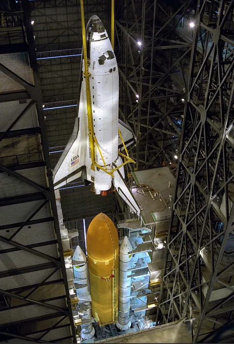 Space Shuttle being stacked inside the VAB