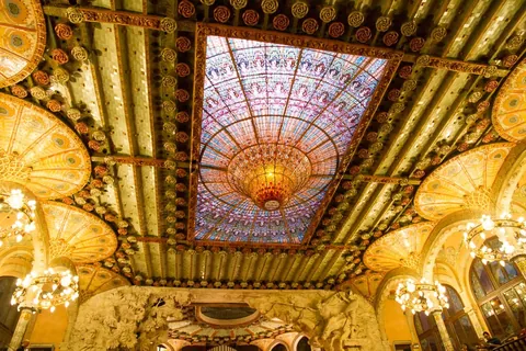 Great stained glass ceiling of the Palau de la Música Catalana, in Barcelona, Catalonia