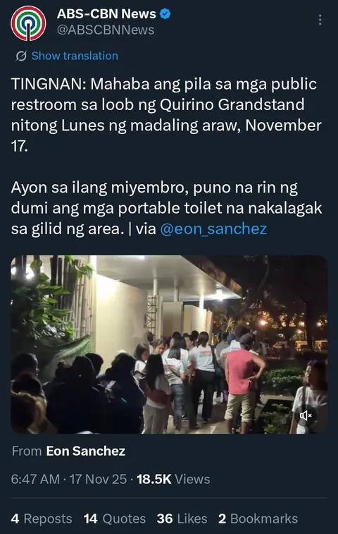 Mahaba ang pila sa mga public restroom sa loob ng Quirino Grandstand nitong Lunes ng madaling araw. Puno na rin ng dumi ang mga portable toilet. | ABS-CBN News Twitter