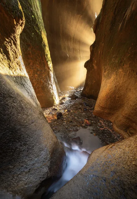 When the sun lines up perfectly with the canyon entrance. Vancouver Island, BC [OC][2570x3737]