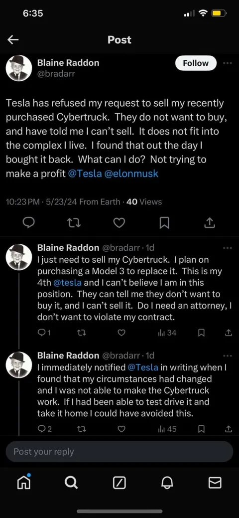“Tesla has refused my request to sell my recently purchased Cybertruck” 