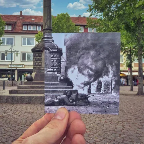 The town square in Ilzen, Germany, April 1945 and now.