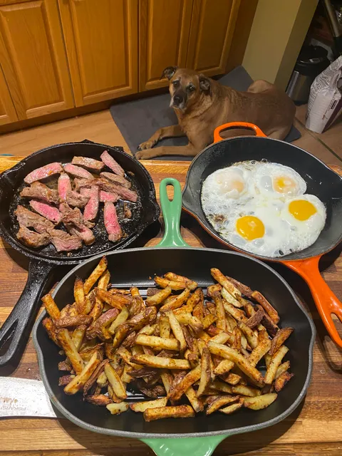 Dinner - No Store Involved - 40 day dried longhorn sirloin, fresh coop eggs, homemade crispy fries tossed in tallow and chilli powders.