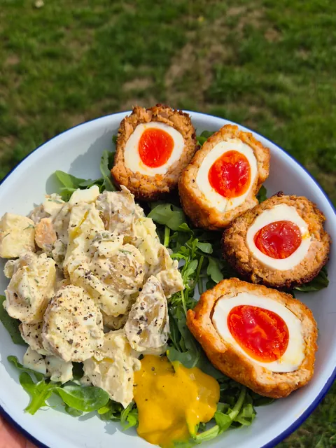 Scotch eggs and homemade potato salad.