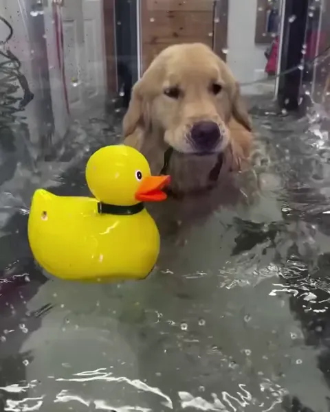 Henry, the Golden Retriever, and his emotional support ducky at hydrotherapy