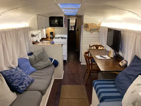 My Airbnb for the night is situated inside a completely renovated greyhound bus.