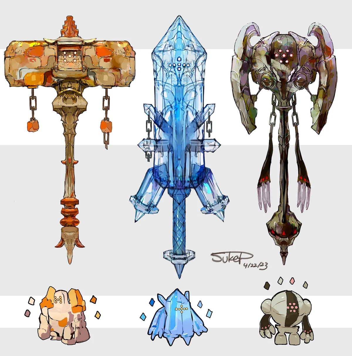 [OC] I made some Regi Inspired Headgear &amp; Weapon Designs!