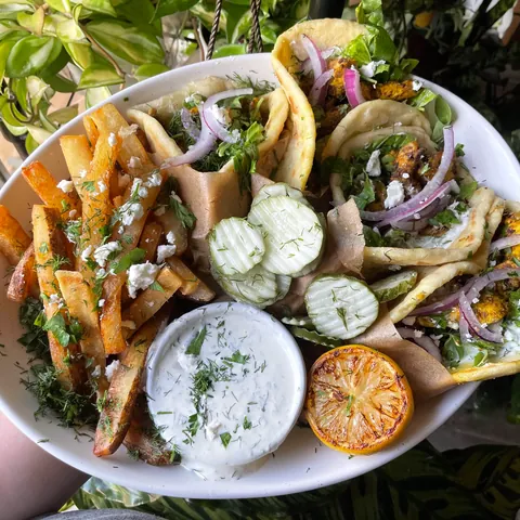 [Homemade] Chicken pita wraps with double fried dill + feta french fries for dinner
