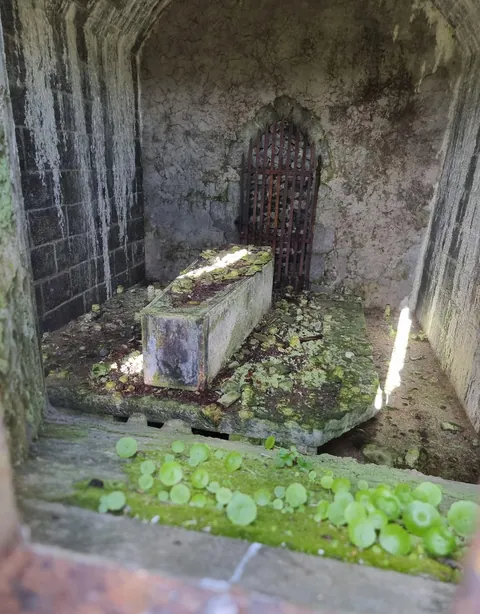 A coffin in a ruined church in Ireland