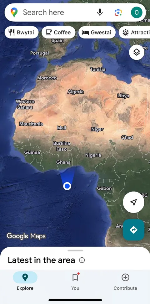 Whilst driving from Cardiff to Neath Google Maps suddenly placed me off the coast of Africa