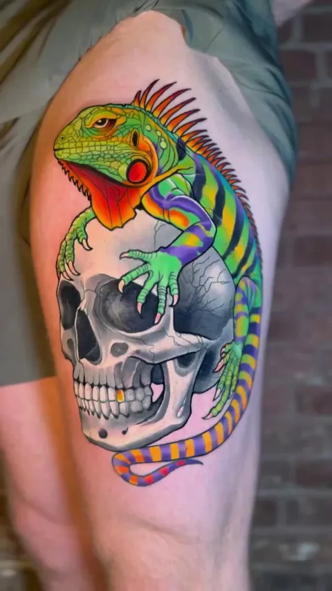 Iguana and Skull Tattoo by Adam Sky, San Francisco, Bay Area, California