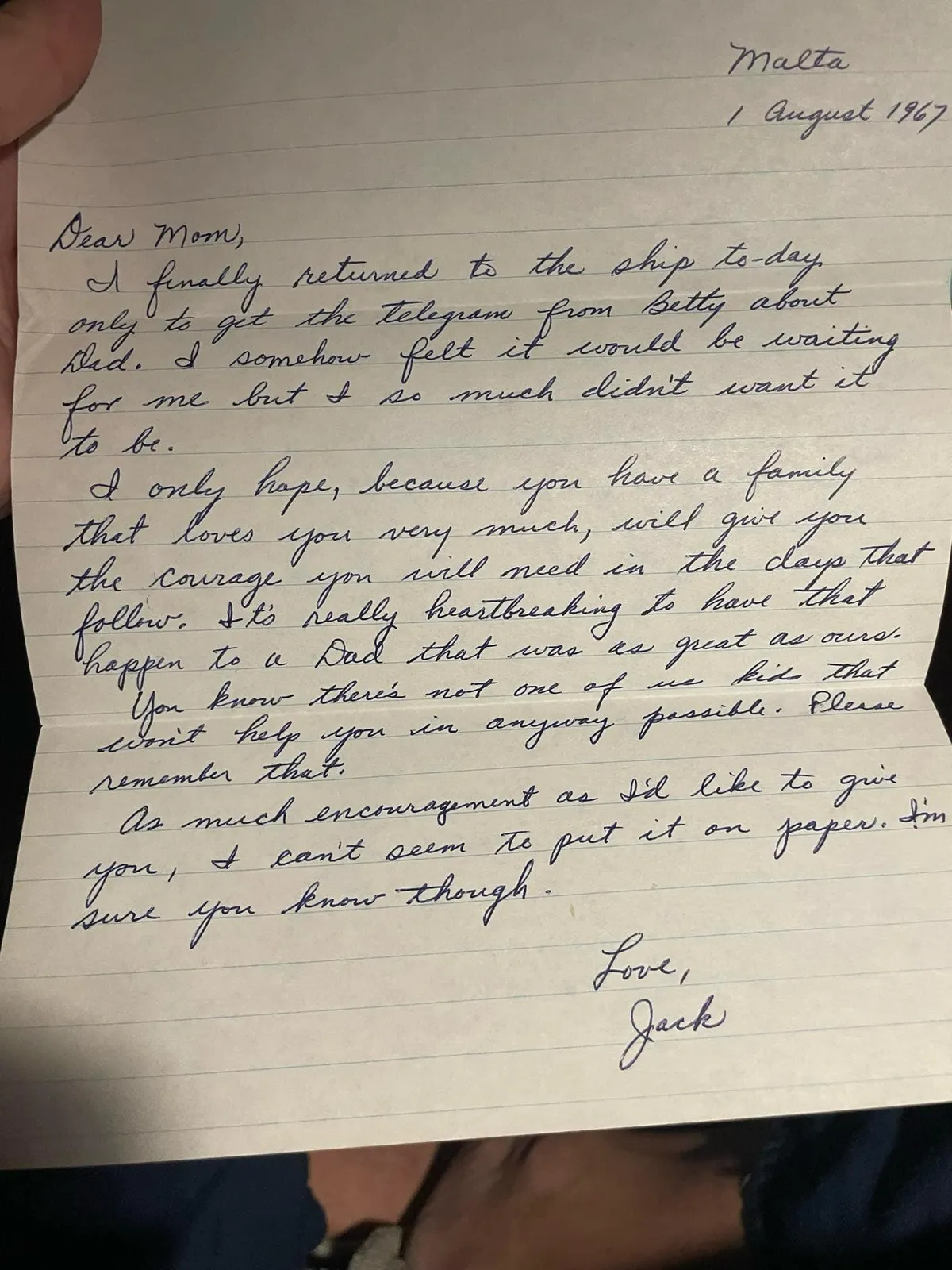 My grandfather’s letter to his mom after receiving a telegram that is dad passed away.