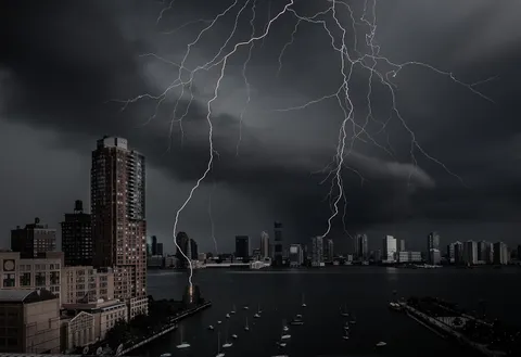 New York City just witnessed an absolutely massive lightning strike completely spanning the Hudson River. I happened to have my camera set up to capture it.