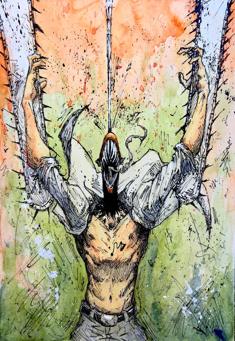 Here’s a drawing I did of Chainsaw Man and the Bomb Devil (oc)