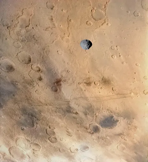 Phobos over Mars as seen by NASA 's Viking Orbiter. Credit: NASA/JPL-Caltech/AndreaLuck