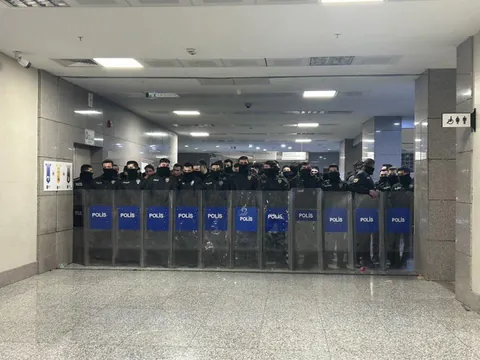Nothing says 'justice' like riot police blocking the courthouse entrance.