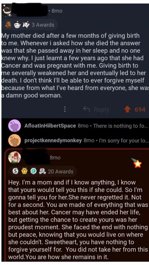 This reply is worded so beautifully, “you are how she remains in it”. Wow!