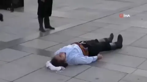 A dog trying to help an actor playing the role of a wounded soldier at a Victory Day celebration in Turkey.