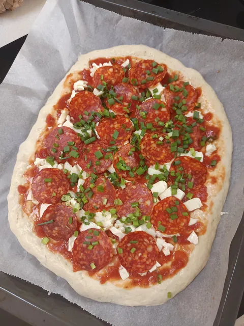 [Homemade] Pizza with kulen, spring onions