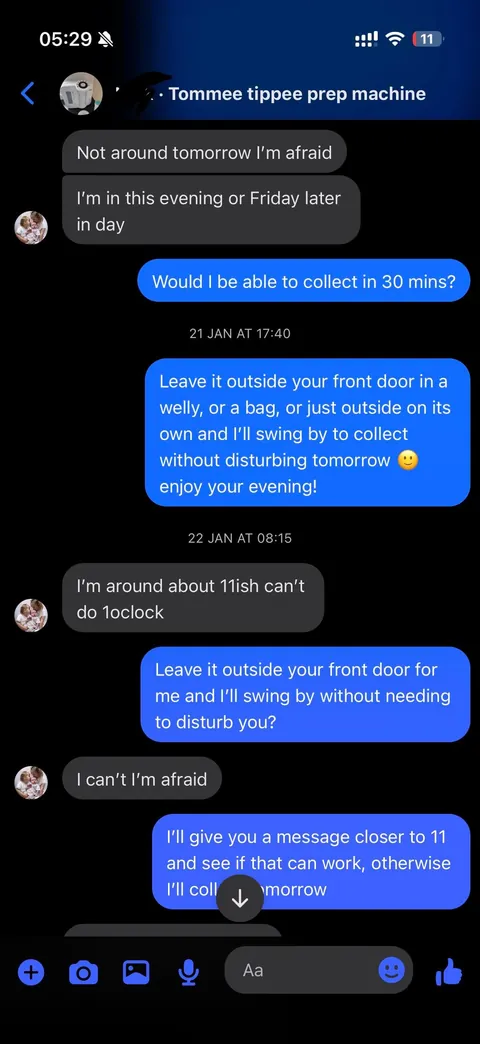 Facebook seller leaves out important piece from item, proceeds to be utterly useless at organising a pickup