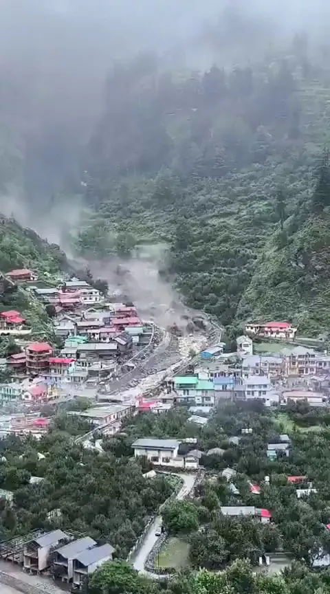 Flash flood triggered by a cloudburst in Uttarkashi, India.