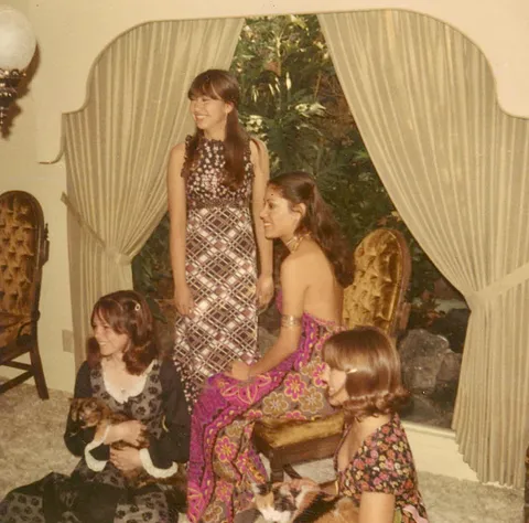Us fashiony girls posing in our long dresses, 1971