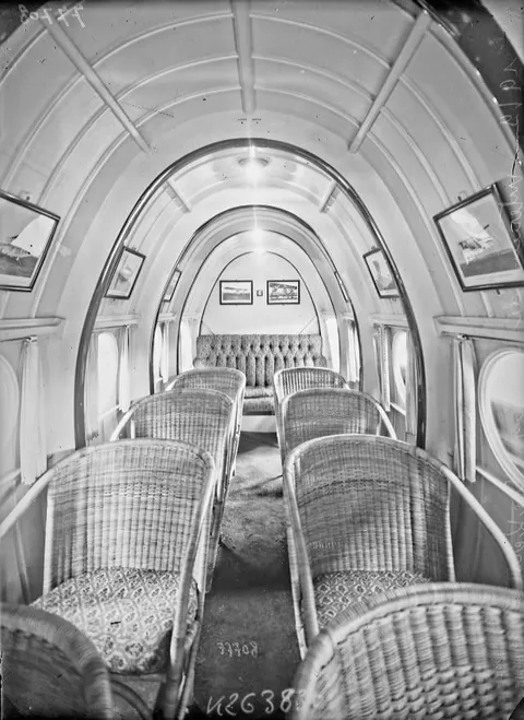 Inside of early commercial airplanes in the 1920s.