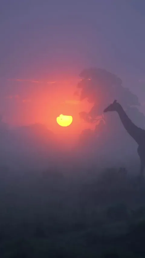 Giraffe walking past a misty sunrise