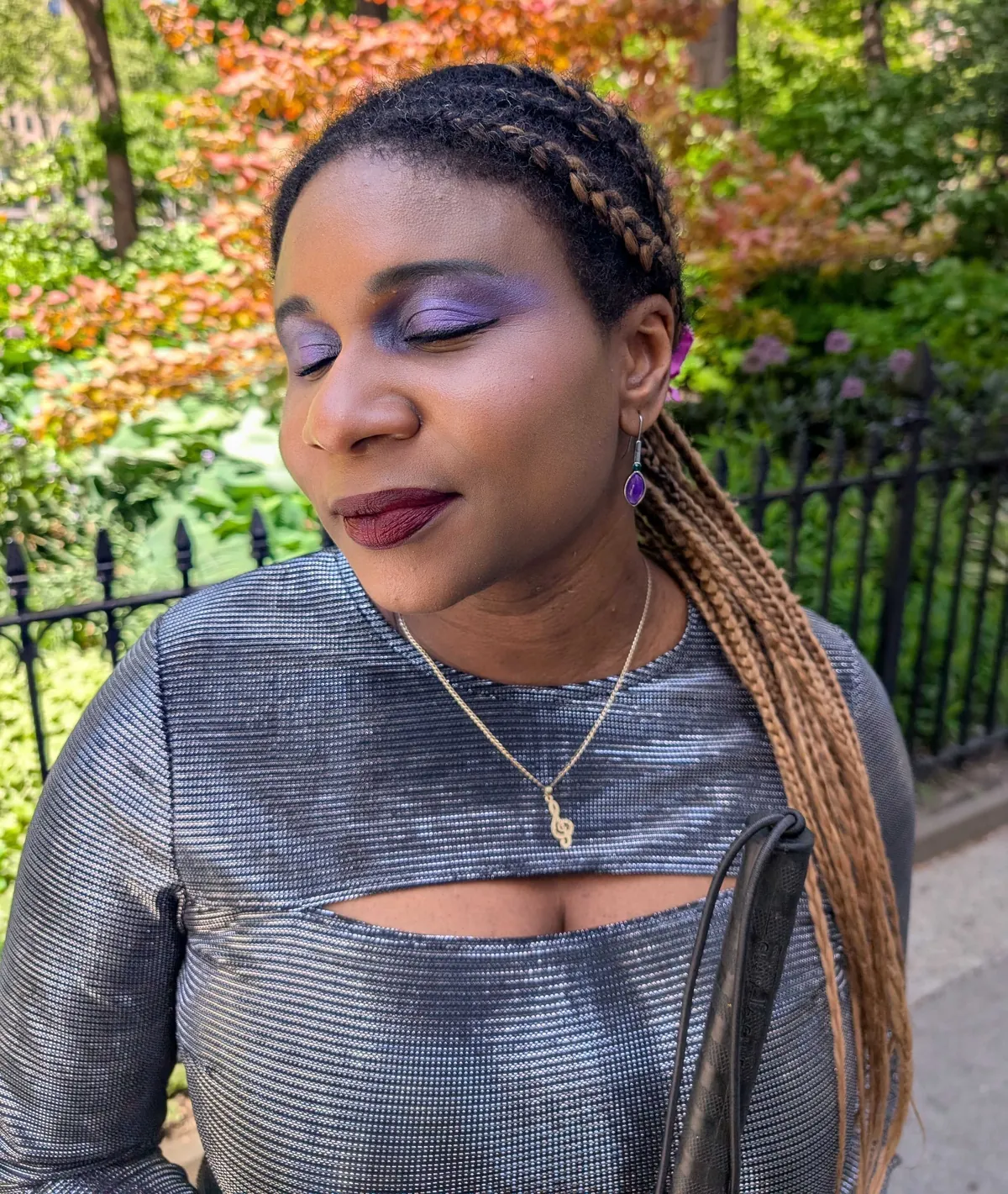 My SO is blind and I do her makeup, purple for purple's sake! Big and bold for an event, but I think I need to get the eyebrows bolder to match