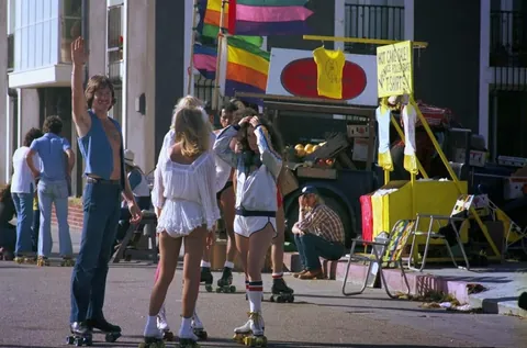 People during the Roller skate craze of the late 1970s. Venice Beach, California.