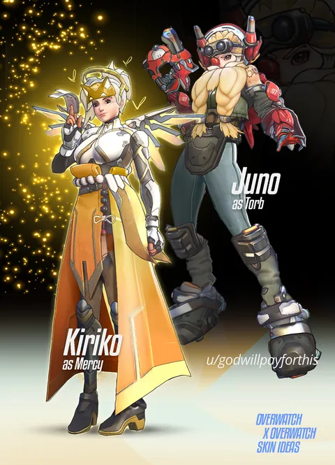 Junorbjörn and Kiriko+Mercy Overwatch skin concept!! I saw that Kiriko had the most ow2 Legendary skins so I made this on the off chance the Devs run out of kiri skin ideas at the rate they're going. I know the community would be very worried if that were the case. :(
