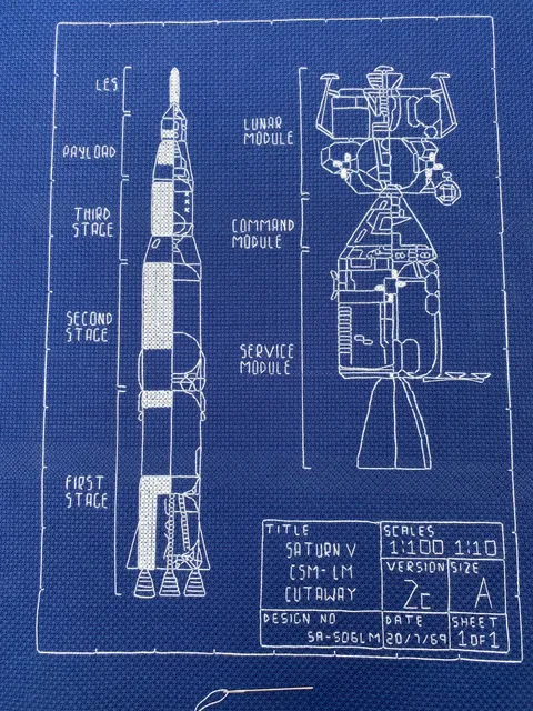 I cross stitched a Saturn V blueprint!