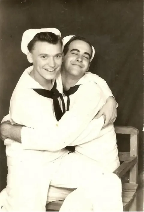 My Grandpa (right) and his friend before shipping off to the Pacific Theater WW2