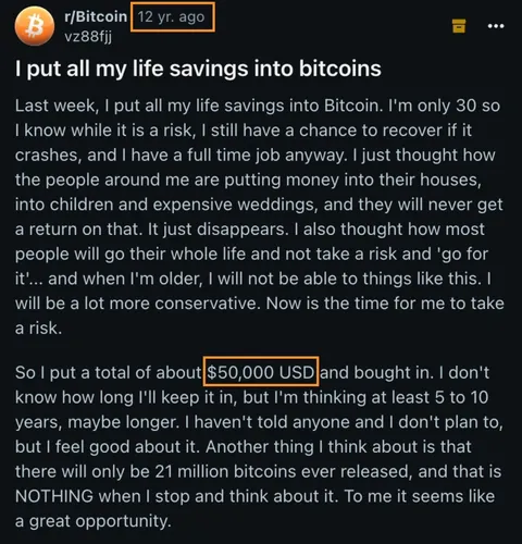 12 years ago, this guy bought $50,000 worth of Bitcoin.

Back then, each Bitcoin was worth just $100.

Today, his $50,000 Bitcoin purchase is worth over $50 million.

What a legend!